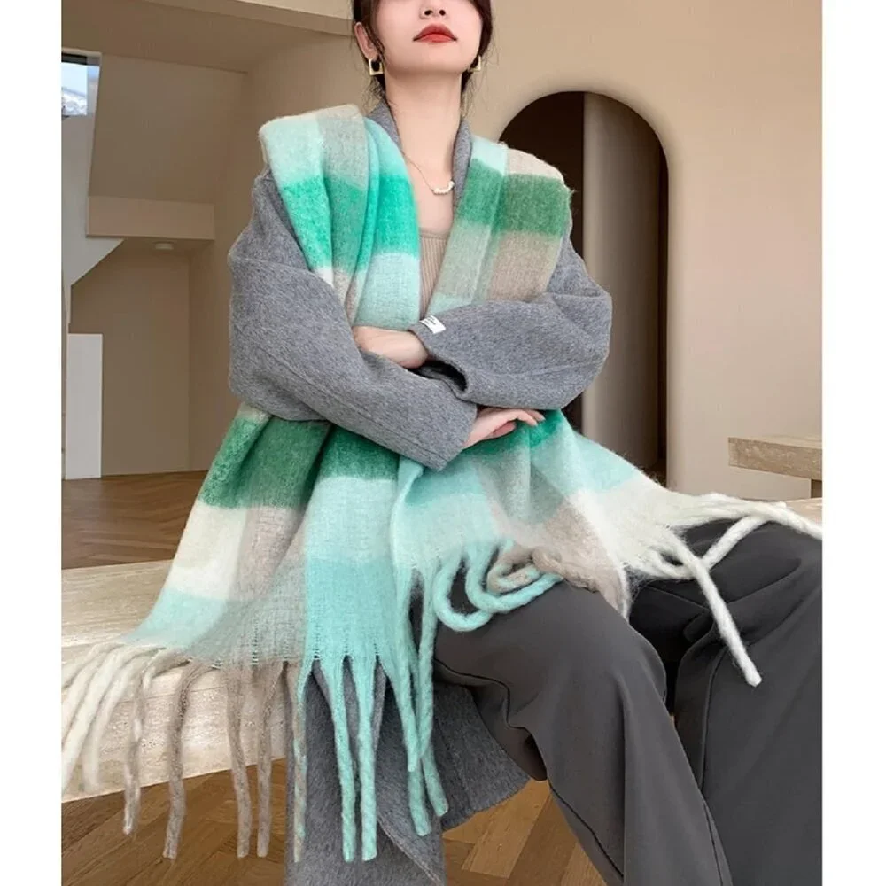 Women's Green Dark Green Winter Warm Long Shawl Cold Weather Thick Blanket Scarf